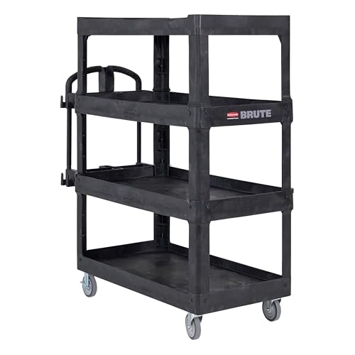 New Rubbermaid Commercial Products 4-Shelf Utility/Service Quad Cart, Heavy Duty Large, Lipped Shelf, Ergonomic Handle, 700 lbs. Capacity, for Warehouse/Garage/Cleaning/Manufacturing (2128657) Black - color: Black, size: Large, style: 4-Shelf