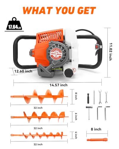 NEO-TEC 72CC Post Hole Digger Gas Powered, 2-Stroke Earth Auger Hole Digger - size: 72CC+4"+6"+8"+3 Extension