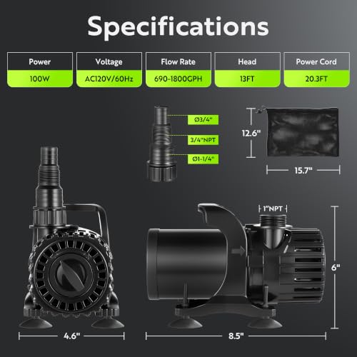 100W Pond Pump, Adjustable Flow 690~1,800GPH Fountain Pump - size: 100W