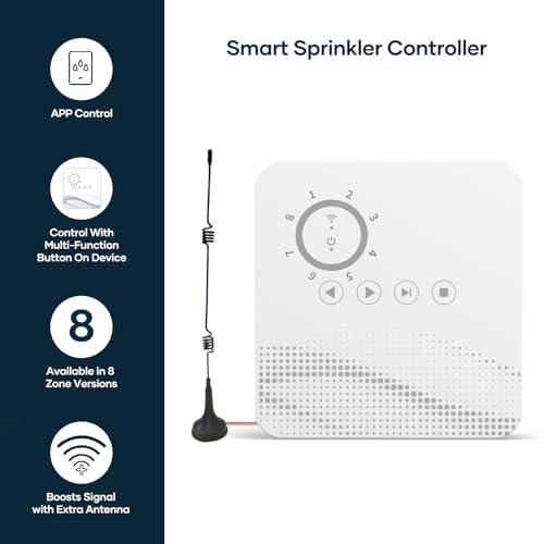 Smart Sprinkler Controller WiFi with External Antenna, Strong Signal Irrigation Timer, App & Panel Dual Control, Indoor Watering System with Weather Intelligence, 24VAC Compatible, 8 Zone