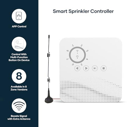 Smart Sprinkler Controller WiFi with External Antenna 8 Zone , Strong Signal Irrigation Timer, App & Panel Dual Control, Indoor Watering System with Weather Intelligence, 24VAC Compatible