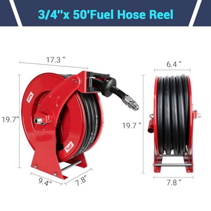 Fuel Diesel Hose Reel Retractable 3/4 inch x 50ft,Spring Driven Automatic Rewind,300 PSI Industrial Heavy Duty Steel Construction Auto Swivel Reels for Truck Farm Aircraft Ship Vehicle Tank Trailer - size: 3/4 inch x 50FT without Fuel Nozzle