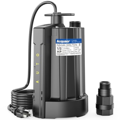 Acquaer 1/3 HP Automatic Submersible Water Pump, 2160 GPH Sump Pump, 115V - color: Black