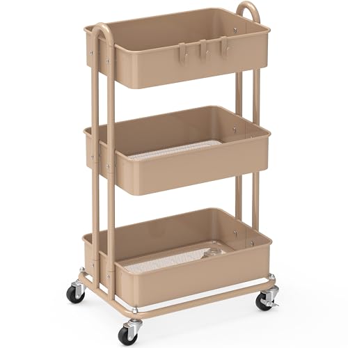 Simple Houseware 3-Tier Heavy Duty Metal Utility Rolling Cart, Khaki - color: Chrome