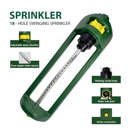 Lawn Sprinkler, 18 Brass Nozzles Garden Water Oscillating Sprinkler for Yard Covers up to 3,600 sq.ft, Heavy Weight Base, Built-in Spray Jet Cleaning Needle, Green, Yellow