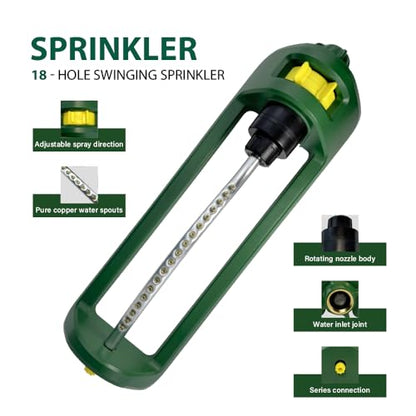 Lawn Sprinkler, 18 Brass Nozzles Garden Water Oscillating Sprinkler for Yard Covers up to 3,600 sq.ft, Heavy Weight Base, Built-in Spray Jet Cleaning Needle, Green, Yellow