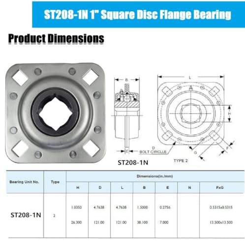 ST208-1N 1" Square Disc Harrow Flange Bearing Unit, Disc Harrow Bearing for Farming Applications Replace FD208R1 FD208R DHU1-208 ST208-1 FD208-1SQ