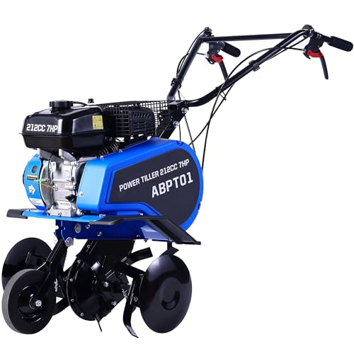 212CC 7HP Gas Tiller, 22" Adjustable Width, 4-Cycle Engine Cultivator with Instant Reverse, Heavy-Duty Steel Tines for Hard Soil, New Ground Breaking, Weed & Deep Cultivation (Blue)