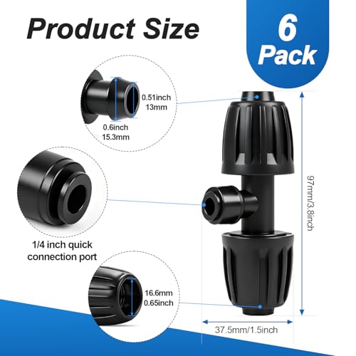 6 Pack 1/2" To 1/4" Drip Irrigation Fittings, 1/2 Inch (1/2" ID x 0.6-0.65" OD) Drip Line to 1/4 Inch Irrigation Tubing Adapter Anti-Drop Quick Connect Reducer 3 Way Tee Connectors - size: 1/2" to 1/4" (3 Way) Reducer-6P
