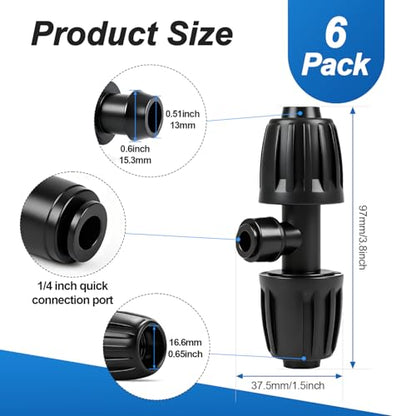 6 Pack 1/2" To 1/4" Drip Irrigation Fittings, 1/2 Inch (1/2" ID x 0.6-0.65" OD) Drip Line to 1/4 Inch Irrigation Tubing Adapter Anti-Drop Quick Connect Reducer 3 Way Tee Connectors - size: 1/2" to 1/4" (3 Way) Reducer-6P