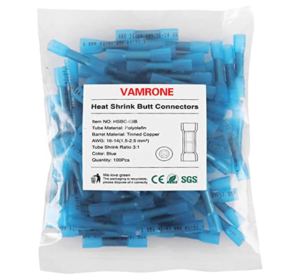 100PCS Heat Shrink Butt Wire Connectors 16-14 AWG, Insulated Waterproof Electrical Wire Connectors Automotive Marine Grade Wire Crimp Terminals Butt Splices, Ideal for Boat, Truck, Blue - size: 16-14 AWG - Blue 100 PCS