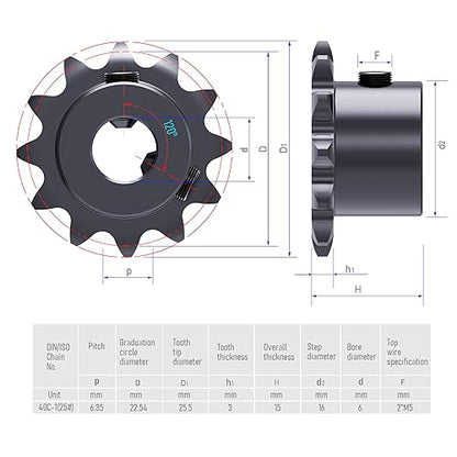 11 Tooth Roller Chain Sprocket, 25 Chain, 6mm Bore - size: 11T/6mm Bore