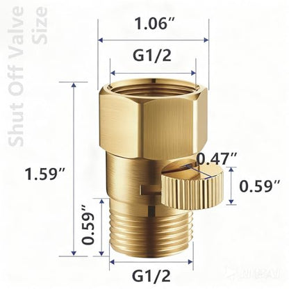 Shower Head Flow Restrictor - G1/2 IPS Brass Shut Off Valve - color: Brushed Gold