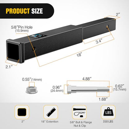 Nilight Trailer Hitch Extender 18" fits 2 Inch Receiver 3500 lbs GTW - color: 2" Hitch Extender 18"