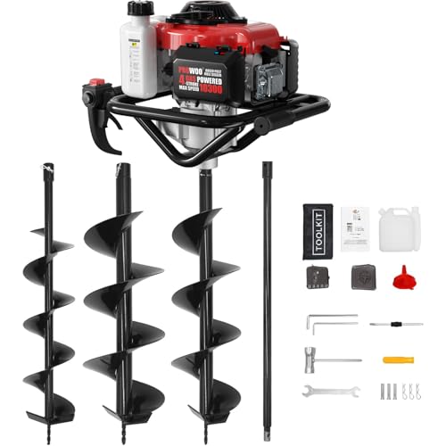 78CC Gas Powered Post Hole Digger, 4 Stroke Auger with 6&8 Inch Bits - color: Red 78cc+2 Auger(6"/8")
