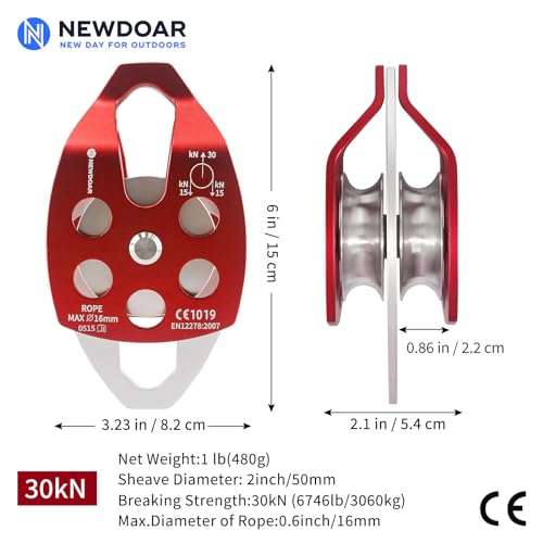 NewDoar CE Certified 30KN Large Rescue Single/Double Pulley with Swing Plate | Aluminum alloy 30kN/6746lb breaking strength,Fits rope up to 16mm ,Portable Ideal for rescue hauling & tree climbing - color: Red-Double Pulley-2pc