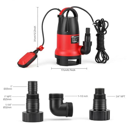 Prostormer 1HP 3700GPH Submersible Sump Pump with Automatic Float Switch - color: Red