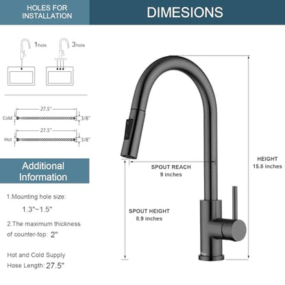 Tohlar Gray Kitchen Faucets with Pull Down Sprayer and Deck Plate - color: Gray, style: Standard