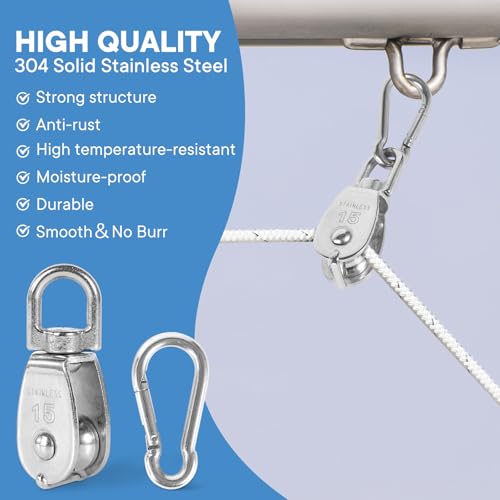 2X 304 Stainless Steel M15 Single Swivel Rope Pulley Blocks with Snap Hooks - size: M15-2pcs