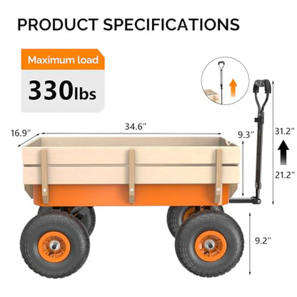 VINGLI Steel Garden Wagon Cart on Wheels, 330lb Load Capacity, Removable Heavy Duty Wooden Side Panels, with Extendable Handle and 10inch All-Terrain Tires, Wheelbarrow for Yard Landscaping (Orange) - color: Orange
