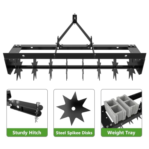 MOUMON 32” Tow Behind Spike Aerator, Pull Behind Lawn Aerator with Tines