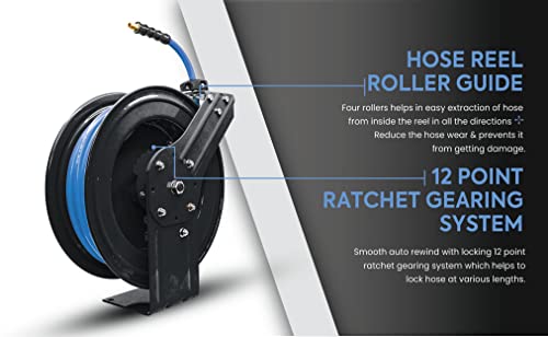 BLUBIRD BBR3875 18ga. Retractable Hose Reel with 3/8" x 75' Air Hose, 12 Point Ratcheting Gear, Next-Gen Rubber, Lightest, Strongest, Most Flexible, 300 PSI, 50F to 190F Degrees, Polyester Braided - size: 3/8" x 75' Standard