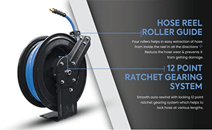BLUBIRD BBR3875 18ga. Retractable Hose Reel with 3/8" x 75' Air Hose, 12 Point Ratcheting Gear, Next-Gen Rubber, Lightest, Strongest, Most Flexible, 300 PSI, 50F to 190F Degrees, Polyester Braided - size: 3/8" x 75' Standard