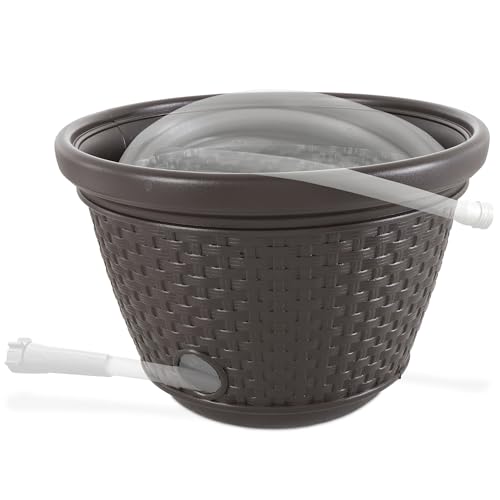 Suncast Decorative Wicker Garden Hose Holder Pot with 4 Drain Holes for 100 Foot Hoses, Java