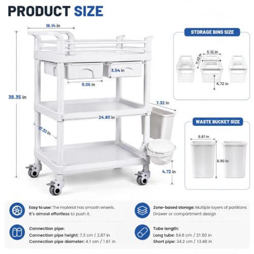 3 Tier Storage Cart with Dual Drawers, ABS Bins and PU Casters
