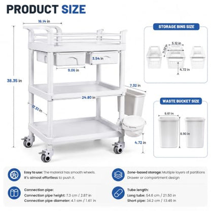 3 Tier Storage Cart with Dual Drawers, ABS Bins and PU Casters