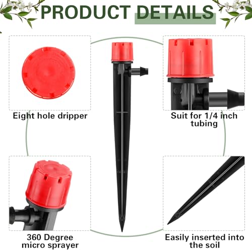SiliFine 32 Pcs Drip Irrigation Emitters Garden Drip Emitters for 1/4 Inch Tubing Irrigation Drippers Sprayer 360 Degree Water Flow Drippers for Garden Flower Bed(Red and Blue,Single Hook) - style: Minimalist