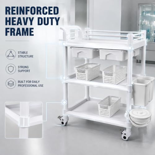 3 Tier Storage Cart with Dual Drawers, ABS Bins and PU Casters
