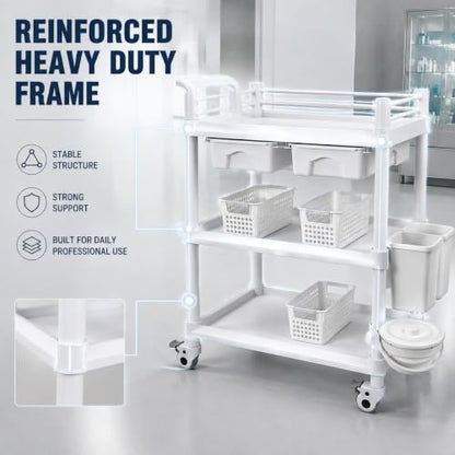 3 Tier Storage Cart with Dual Drawers, ABS Bins and PU Casters