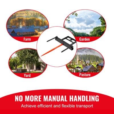 Happybuy 39" Hay Spear, 1600lbs Capacity, Skid Steer Loader Attachment with 2 Stabilizer Spears & 60" Chain, Quick Attach Forks
