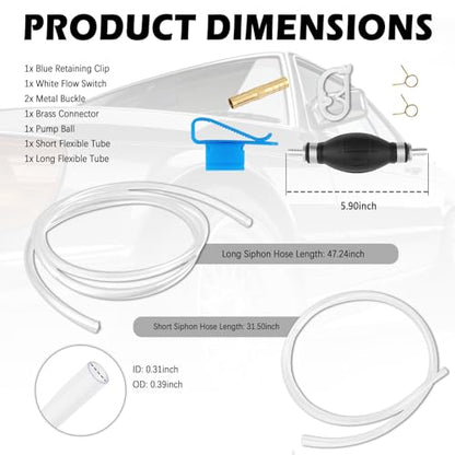 Gas Siphon Pump for Gasoline with 6.5Ft Fuel Siphon Hose,Enlarged Caliber Gas Syphon Hand Pump for Oil,Water,Professional Fuel Siphons Pumps Kit with Clip,Extension Nozzle
