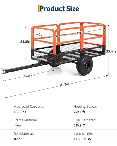 Garvee ATV Trailer Heavy Duty Steel Dump Cart 1600 Lbs 22 Cubic Feet Garden Utility Trailer,Hand Pull or Foot Pedal with Removable Sides Tow Behind Dump Cart for ATV, UTV, Lawn Mowers and Tractors