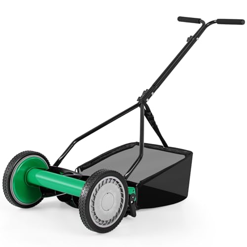 Push Lawn Mower, 14" Manual Rear Mower with 5 Steel Blades, Adjustable Cutting Heights & Grass Catcher Bag, Walk-Behind Grass Cutter Lawn Sweeper for Garden, Park & Yard (Green) - color: Green, size: 14"
