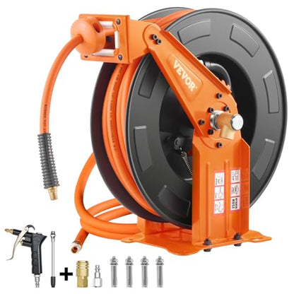 VEVOR Retractable Air Hose Reel with Double Arms, 3/8 IN x 65FT Hybrid Air Hose Max 300PSI, Air Compressor Hose Reel with 5FT Lead in, Ceiling/Wall Mount Heavy Duty Steel Reel for Workshop Garage - size: 3/8 in x 65 ft