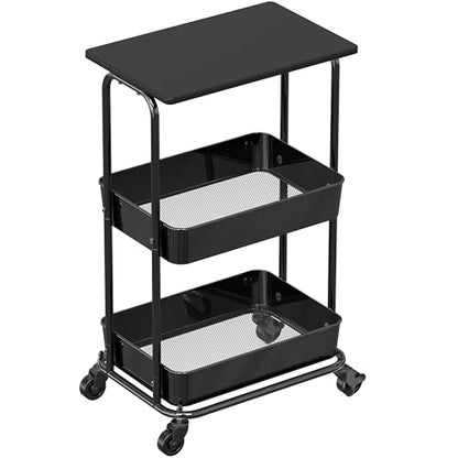 Simple Houseware 2-Tier Rolling Utility Cart Wood Top/Lockable Wheel, Black - color: Black