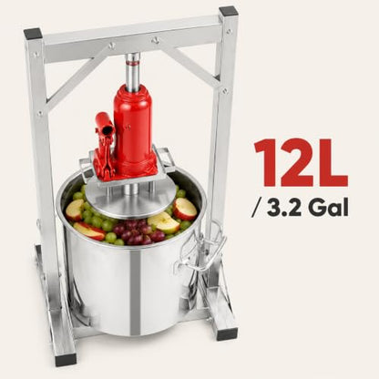 3.2 Gal/12L Fruit Wine Press, Hydraulic Jack Juicer with Basket for Cider