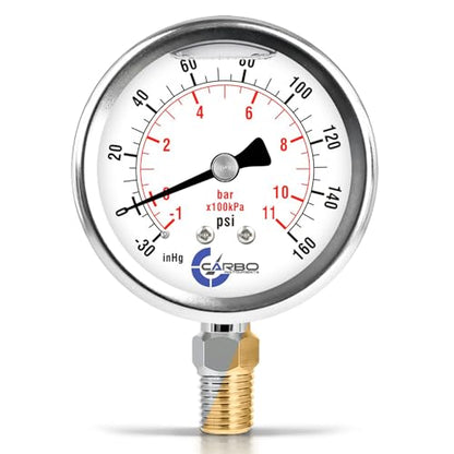 Compound Pressure Gauge -30 inHg to 160 PSI, Liquid Filled, 2.5" Dial, 1/4 NPT Lower Mount, 304 Stainless Steel Case, Brass Wetted Parts, Dual Scale PSI/inHg - ASME B40.1 Grade A - size: -30inHg / 0 / +160Psi, style: STANDARD
