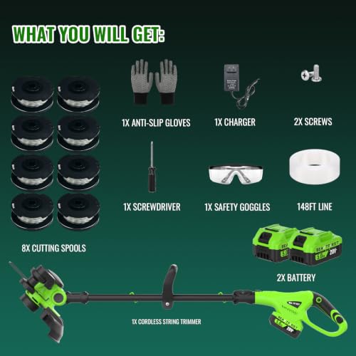 12" Cordless Weed Wacker String Trimmer with 2X 5.0ah Battery and Charger - color: Bright Green