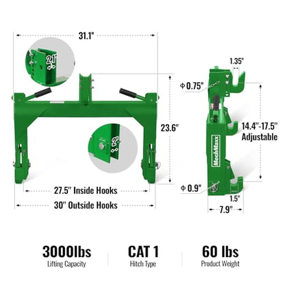 MechMaxx 3 Point Quick Hitch Cat 1 for Tractors, Green, QH1G