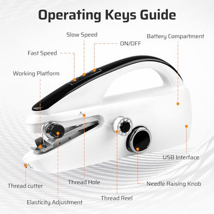 Handheld Sewing Machine, Dual Speed Hand Held Sewing Machine, Sewing Mini Portable Machine for Beginners, Adults, DIY, Home, Travel - White
