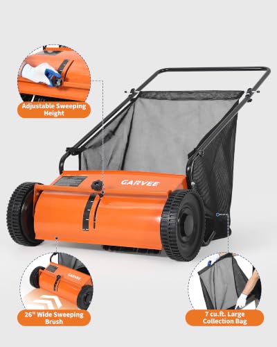 26" Push Lawn Sweeper, 7 Cu.Ft. Hopper, 3 V-Shaped Brushes, Height Adjustable - color: Orange, size: 26in