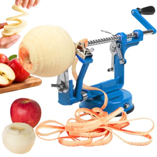 Apple Peeler and Corer, Durable Heavy Duty Chrome Cast Iron, Suction Base | Countertop Hand Crank for Fruits, Potatoes or Veggies, Picking Season- Pie, Treat Dessert Baking, Must Have Fall Kitchen Tool - color: Blue