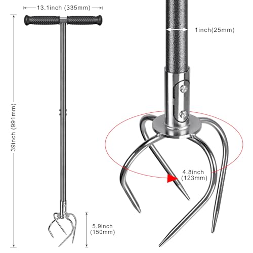 Dolibest Manual Twist Tiller, All-Steel Garden Claw Cultivator with 4 Curved Claws and Soft Rubber Handle, Hand Tiller Garden Claw for Gardening Bed and Plant Box (39'') - color: Manual Twist Tiller with T-Shape 2
