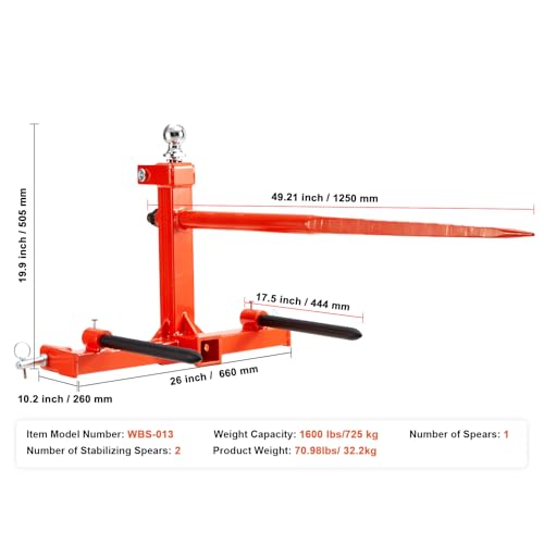 Happybuy 49" Hay Spear, 1600lbs Capacity, Three-Point Hitch Attachment with 2 Stabilizer Spears, Quick Attach Forks