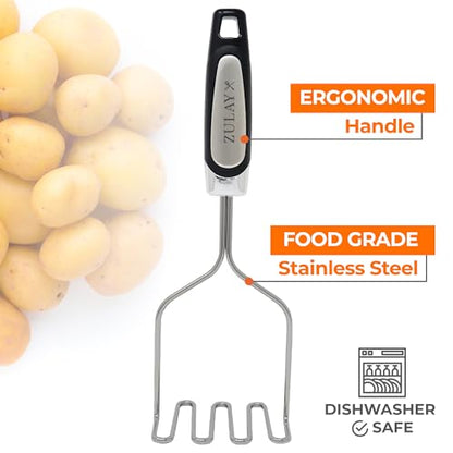 Zulay Kitchen Stainless Steel Potato Masher – Heavy-Duty, Non-Scratch, Dishwasher-Safe Masher with Food-Grade Silicone for Smooth & Fluffy Mashed Potatoes, Avocados & More – Sturdy & Durable Design - color: Stainless Steel Silver