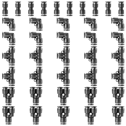 TAILONZ 1/4" Push to Connect Fitting Splitters+Elbows+Tees+Straight 40pcs - color: Black, size: 1/4"OD/40PCS